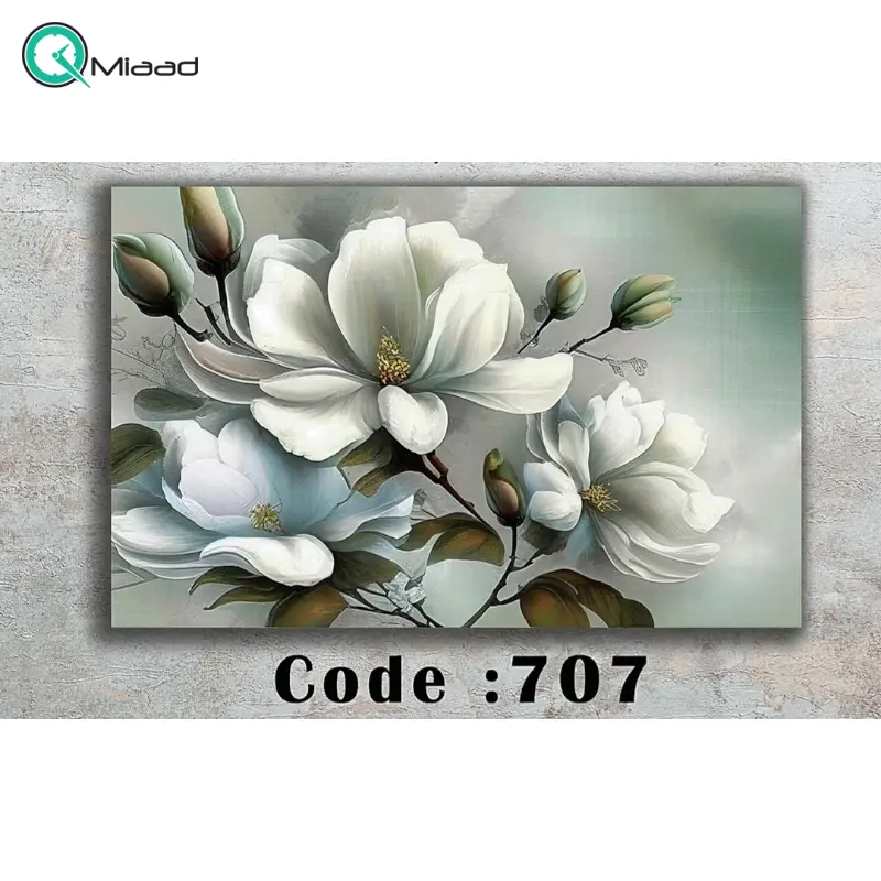 تابلو دکوراتیو شاین مدل 707، جدیدترین مدل تابلو با بالاترین کیفیت چاپ، متریال پی وی سی قاب، تابلو زیبا و جذاب، تابلو هنری با کیفیت فوق العاده و قابل شستشو طرح انتزاعی گل های سفید و رنگ سبز تابلو