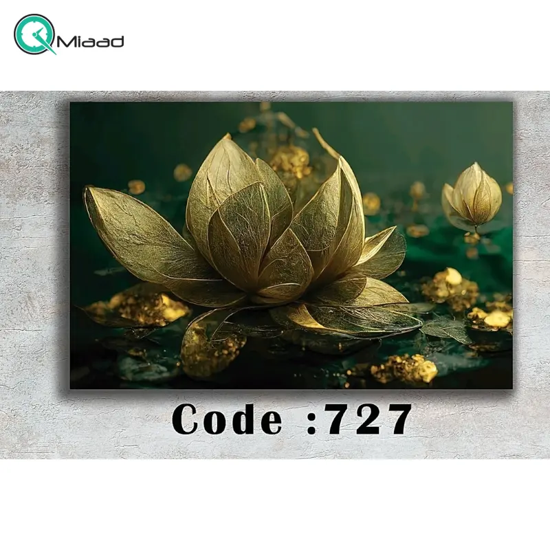 تابلو دکوراتیو شاین کد 727، جدیدترین مدل تابلو با بالاترین کیفیت چاپ، متریال پی وی سی قاب، تابلو زیبا و جذاب، تابلو هنری با کیفیت فوق العاده و قابل شستشو، طرح هنری گل نیلوفر آبی طلایی تابلو
