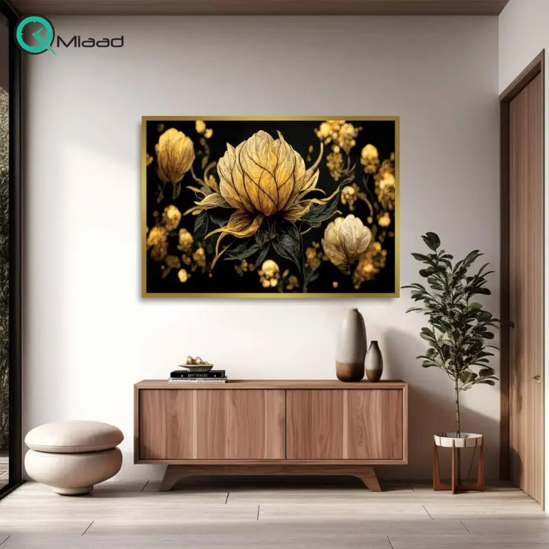 تابلو دکوراتیو شاین کد 14-845، جدیدترین مدل تابلو با بالاترین کیفیت چاپ، متریال پی وی سی قاب، تابلو زیبا و جذاب، تابلو هنری با کیفیت فوق العاده و قابل شستشو طرح انتزاعی گل طلایی تابلو