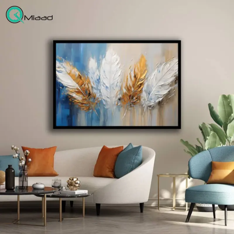 تابلو دکوراتیو شاین کد 20-845، جدیدترین مدل تابلو با بالاترین کیفیت چاپ، متریال پی وی سی قاب، تابلو زیبا و جذاب، تابلو هنری با کیفیت فوق العاده و قابل شستشو طرح انتزاعی پرهای سفید طلایی تابلو