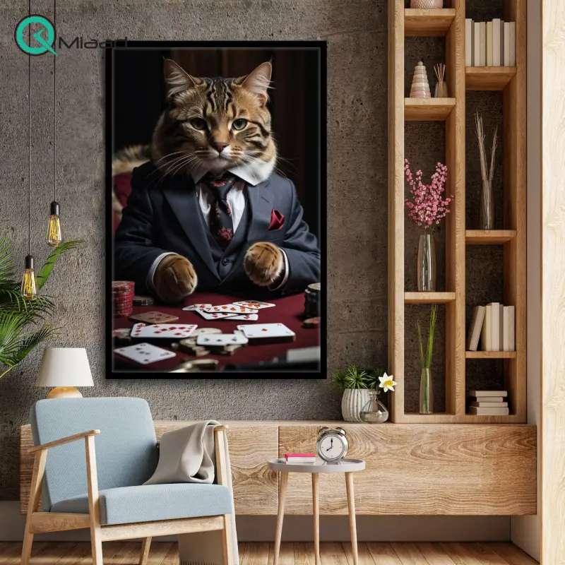 تابلو دکوراتیو شاین کد 415، جدیدترین مدل تابلو با بالاترین کیفیت چاپ، متریال پی وی سی قاب، تابلو هنری با کیفیت فوق العاده و قابل شستشو طرح گربه پوکر باز تابلو