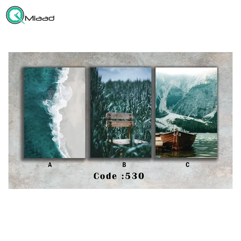 تابلو دکوراتیو شاین مدل 530، جدیدترین مدل تابلو با بالاترین کیفیت چاپ، متریال پی وی سی قاب، تابلو سه تیکه زیبا و جذاب، تابلو با طرح قایق و طبیعت و دریا تابلو