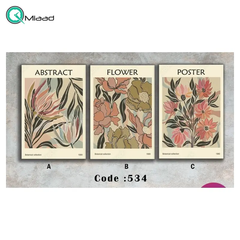 تابلو دکوراتیو شاین مدل 534، جدیدترین مدل تابلو با بالاترین کیفیت چاپ، متریال پی وی سی قاب، تابلو سه تیکه زیبا و جذاب، طرح هنری و انتزاعی گلها تابلو