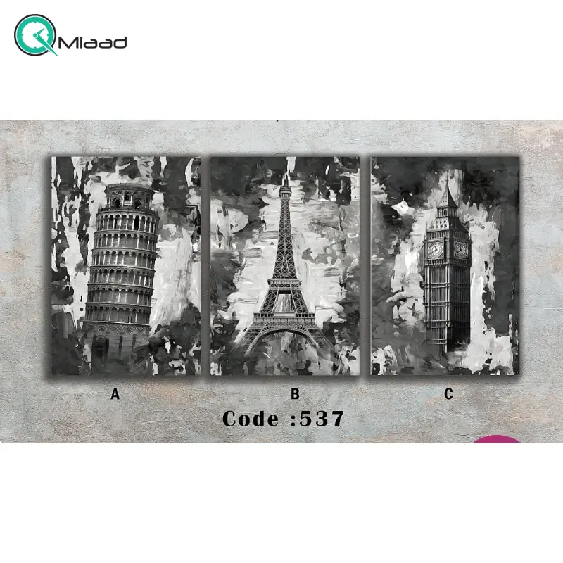 تابلو دکوراتیو شاین مدل 537، جدیدترین مدل تابلو با بالاترین کیفیت چاپ، متریال پی وی سی قاب، تابلو سه تیکه زیبا و جذاب، طرح برج ایفل و پیزا بیگ بن تابلو