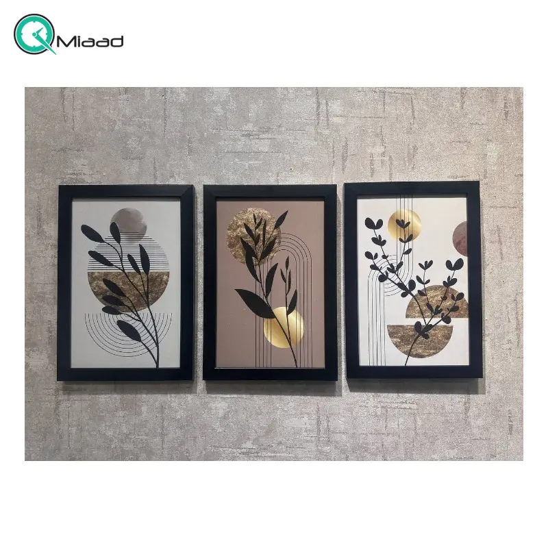 تابلو دکوراتیو شاین مدل X، جدیدترین مدل تابلو با بالاترین کیفیت چاپ، متریال پی وی سی قاب، تابلو سه تیکه زیبا و جذاب، تابلو با طرح انتزاعی برگ های طلایی مشکی تابلو