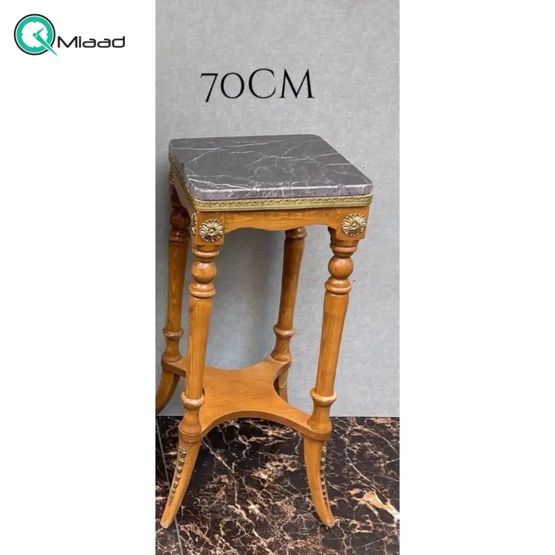 میز کنار سالنی مدل صفحه سنگی، میز چوبی پایه دار، سطح پایینی و بالایی میز برای نگه داری وسیله دکوری، متریال سنگ صفحه بالایی میز خرید میز تلفن