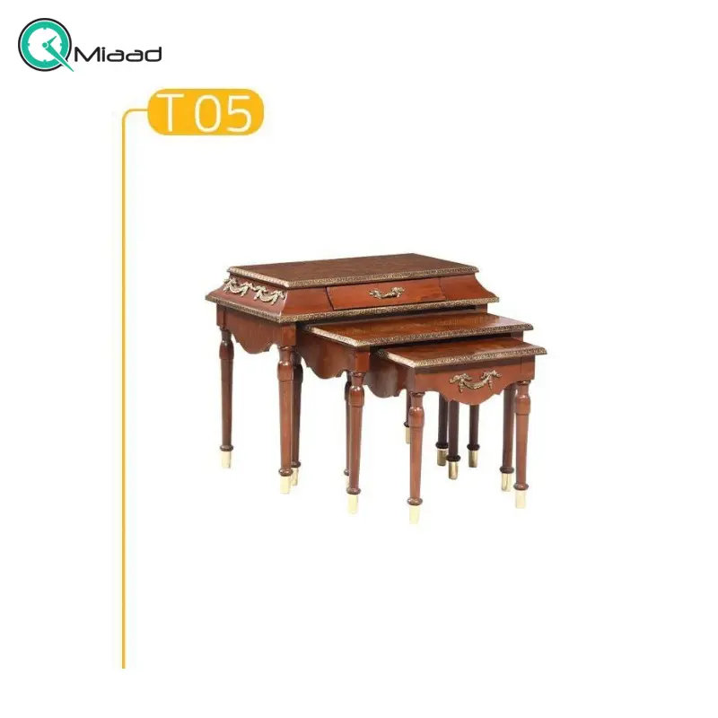 میز عسلی سه تیکه سلطنتی مدل T05، میز عسلی با روکش مازول و متریال تمام چوب و دارای سه تیکه مجزا میز
