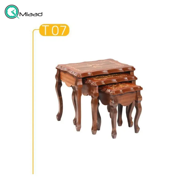 میز عسلی سه تیکه صفحه دوبل مدل T07، میز عسلی با روکش معرق و متریال تمام چوب و دارای سه تیکه مجزا میز