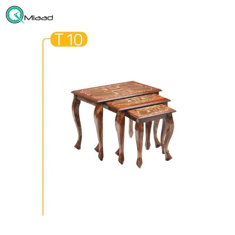 میز عسلی سه تیکه پولیشی مدل T10، میز عسلی با روکش معرق و متریال تمام چوب و دارای سه تیکه مجزا میز