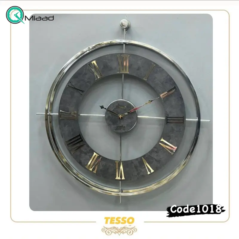 ساعت دیواری تسو مدل 1018، ساعت دیواری مدرن و ساده قطر 60 سانت با موتور آرامگرد، متریال فلز بدنه با آبکاری فورتیک، رنگ نقره ای ساعت دیواری