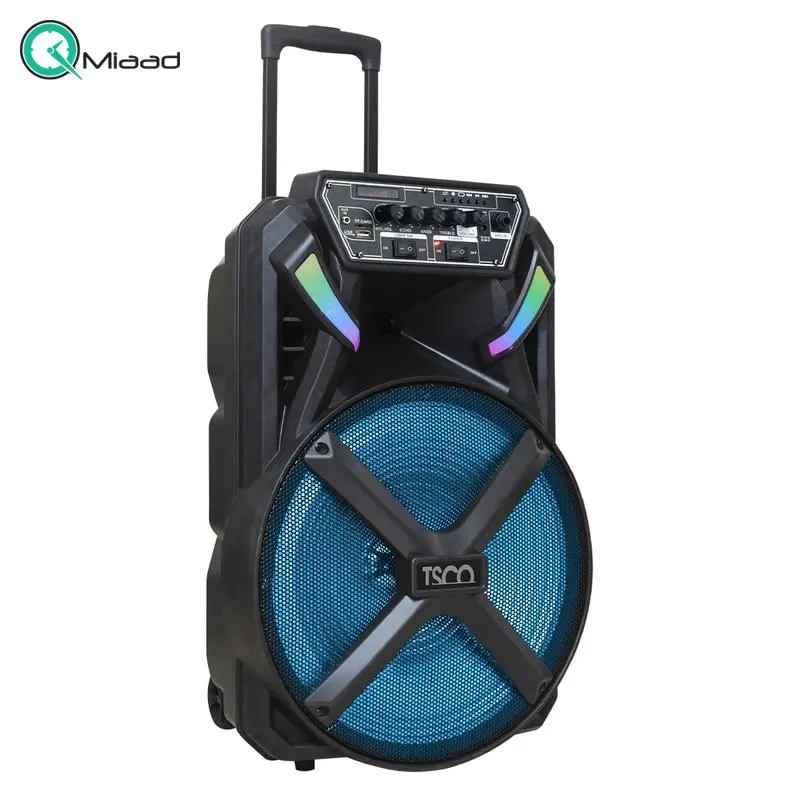 اسپیکر بلوتوث، اسپیکر بلوتوثی قابل حمل با بهره مندی از نورپردازی LED و نمایشگر اسپیکر، دارای دستگیره و چرخ برای حمل آسان، قابلیت های AUX,USB,BT,FM و میکروفون وایرلس | مدل TS 1890 اسپیکر بلوتوث