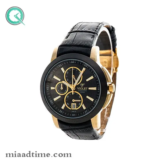 ساعت ویولت Violet زنانه اسپرت گرد چرمی طلایی مشکی صفحه مشکی کد 0409/2L ساعت مچی زنانه ویولت بند چرم