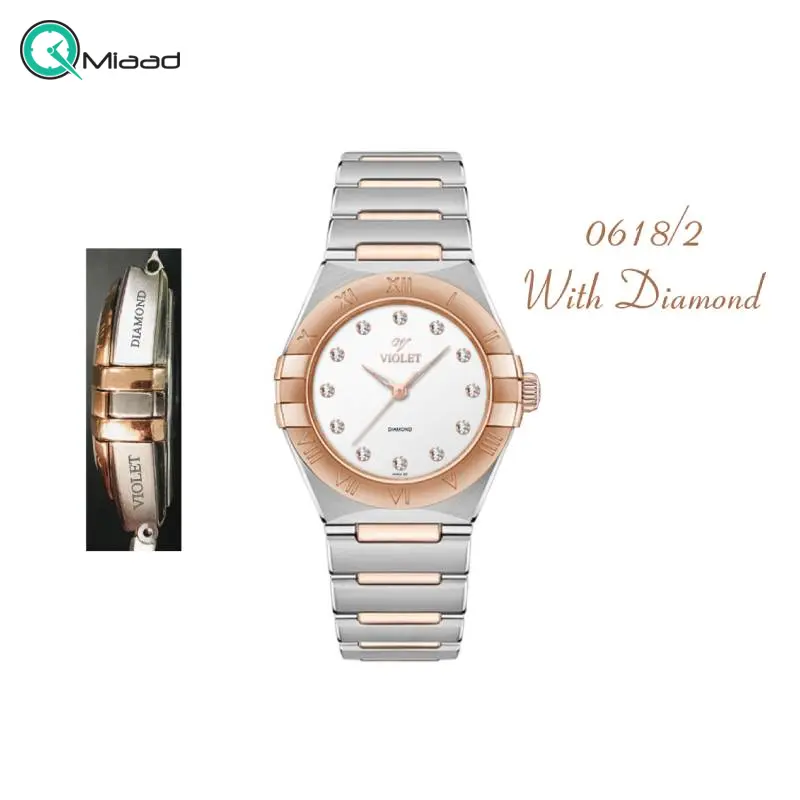 ساعت مچی زنانه ویولت Violet کد 0618/2 | ساعت زنانه اورجینال ساخت ژاپن، ساعت زنانه بند فلزی کلاسیک با نگین برلیان اصل، تک موتوره، دو رنگ رزگلد صفحه سفید ساعت ویولت