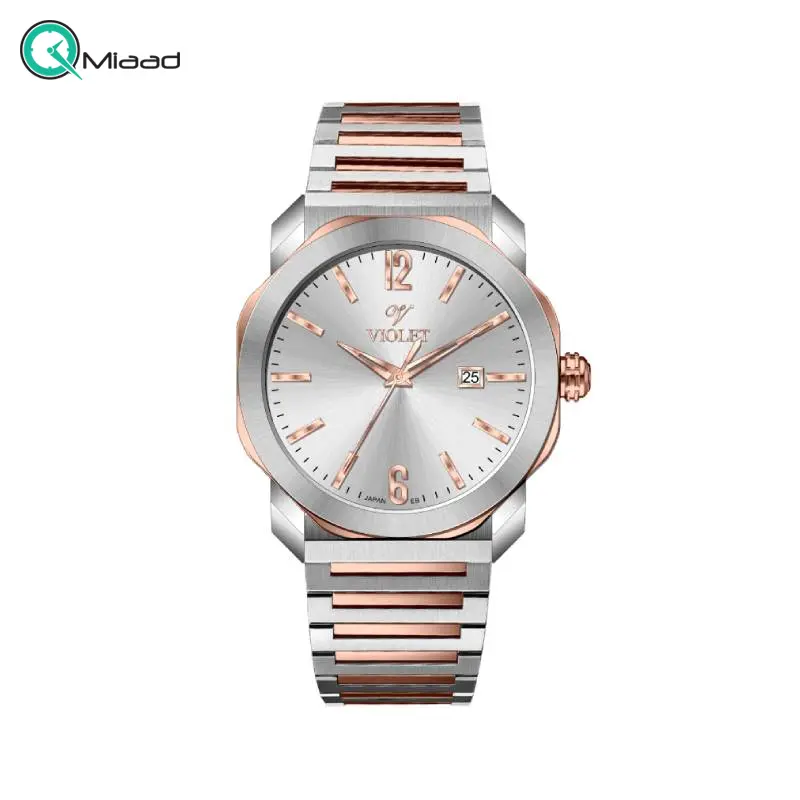 ساعت مچی مردانه ویولت کد 0627، ساعت مردانه اورجینال ساخت ژاپن، ساعت مردانه بند فلزی کلاسیک گرد با بند مدل پین و شیشه کریستال ضدخش، رزگلد صفحه سفید ساعت ویولت
