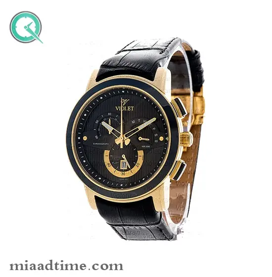 ساعت مچی ویولت، مردانه کرنوگراف، گرد چرمی، طلایی مشکی،صفحه مشکی | کد 0411/2G ساعت ویولت اصل مردانه
