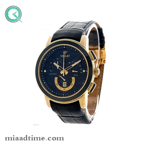 ساعت مچی ویولت، مردانه کرنوگراف، گرد چرمی، طلایی مشکی،صفحه سرمه ای | کد 0411/2G ساعت ویولت اصل مردانه