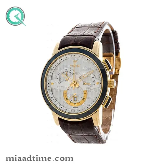 ساعت مچی ویولت، مردانه کرنوگراف، گرد چرمی، طلایی مشکی،صفحه سفید| کد 0411/2G ساعت ویولت اصل مردانه