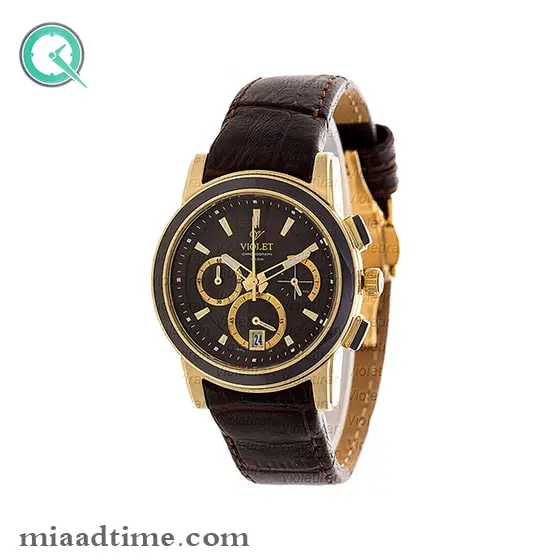 ساعت مچی ویولت، زنانه کرنوگراف، گرد چرمی، طلایی مشکی، صفحه قهوه ای | کد 0412/2L ساعت مچی