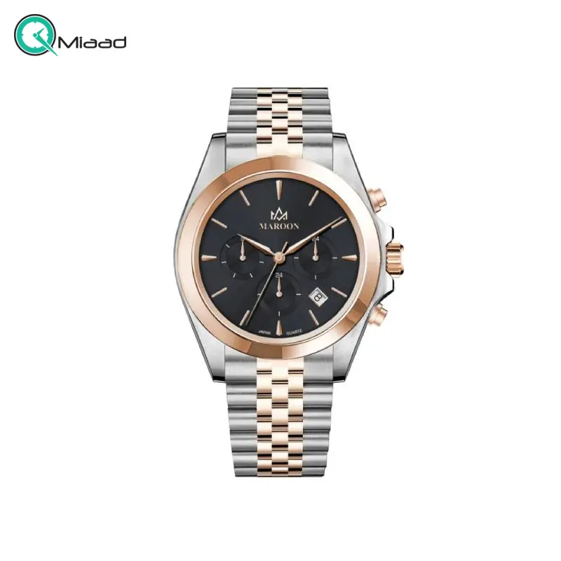 ساعت مچی مردانه ویولت Violet کد 77415/2 | ساعت مردانه اورجینال ساخت ژاپن، ساعت مردانه بند فلزی کلاسیک گرد فول دیت، تک موتوره، دو رنگ رزگلد صفحه مشکی ساعت ویولت