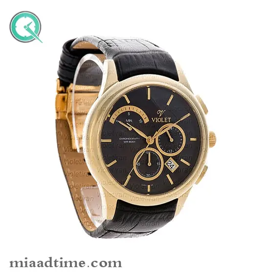 ساعت مچی ویولت، مردانه کرنوگراف، گرد چرمی، طلایی صفحه مشکی | کد 0450/2G ساعت ویولت اصل مردانه