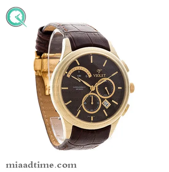 ساعت مچی ویولت، مردانه کرنوگراف، گرد چرمی، طلایی صفحه قهوه ای | کد 0450/2G ساعت ویولت اصل مردانه