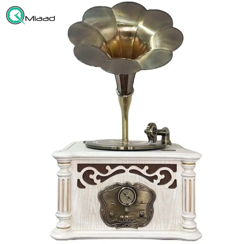 گرامافون رومیزی والتر کد 2035 کرم، پخش کننده رادیو دو موج، فلش خور، مجهز به بلوتوث، گرامافون سه سرعته و کارت حافظه | گرامافون کلاسیک چوبی دکوری نوستالژی، شیپور پلیمری نشکن گرامافون