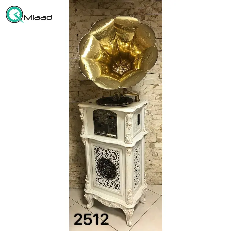 گرامافون ایستاده والتر فول کد 2512، پخشکننده با صدای استریو CD، DVD، نوار کاست، صفحات کوچک و بزرگ، بلوتوث، فلش رادیو AM/FM| شیپور بزرگ طلایی از جنس پلیمر| گرامافون مبله مناسب اتاق نشیمن، رنگ سفید گرامافون