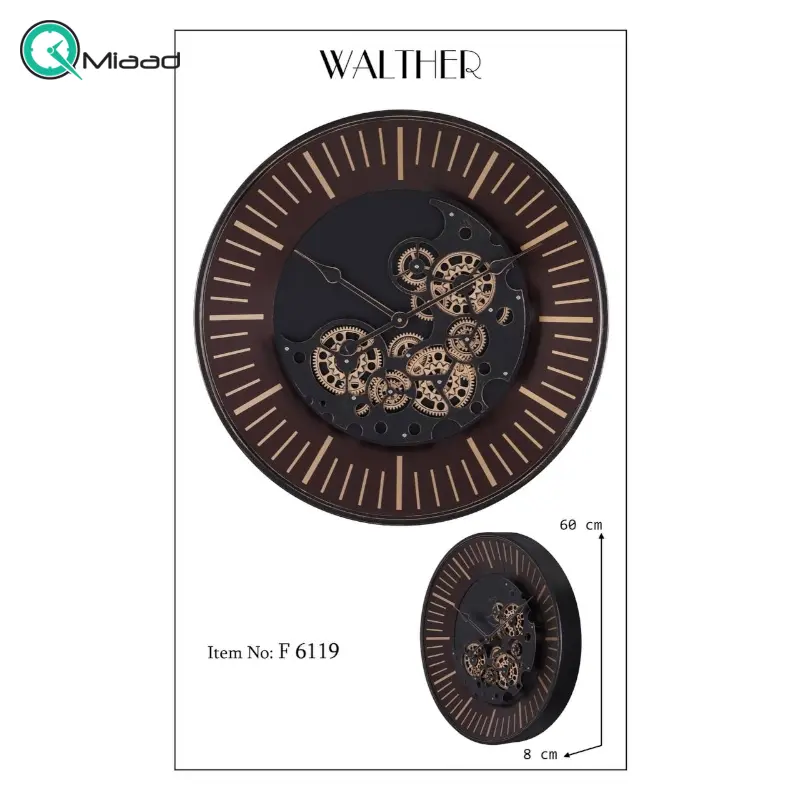 ساعت دیواری والتر Walther کد 6119| ساعت دیواری چرخ دنده دار با موتور آرامگرد، طراحی خلاقانه، ترکیب چوب و فلز در متریال ساعت ساعت دیواری