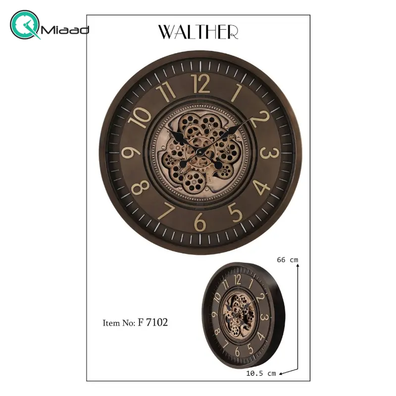 ساعت دیواری والتر Walther کد 7102 | ساعت دیواری چرخ دنده دار با موتور آرامگرد، طراحی خلاقانه، ترکیب چوب و فلز در متریال ساعت ساعت دیواری