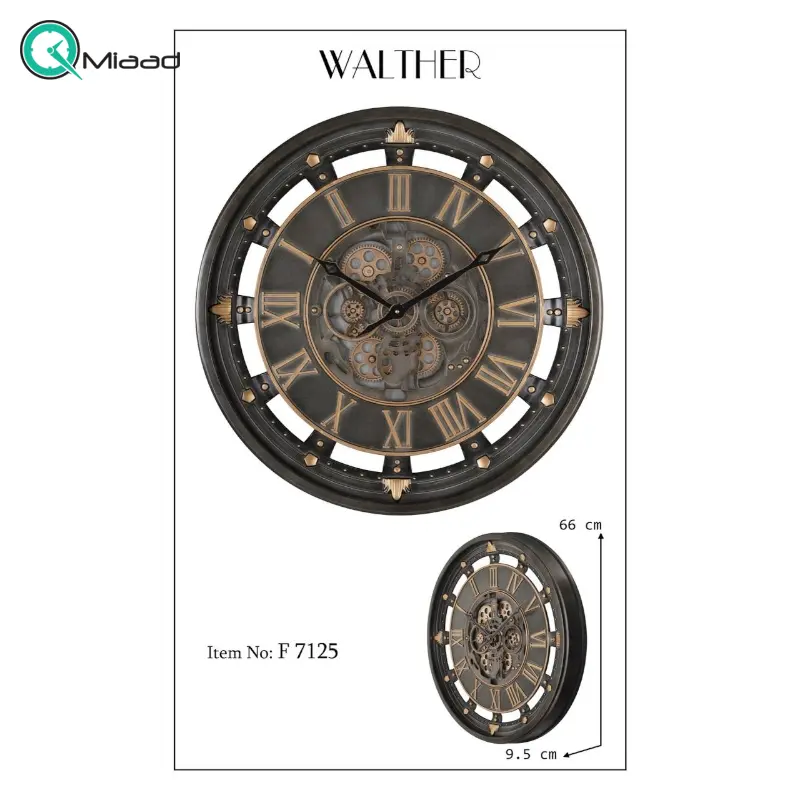ساعت دیواری والتر Walther کد 7125 | ساعت دیواری بی نظیر و چرخ دنده دار با موتور آرامگرد، طراحی خلاقانه، ترکیب چوب و فلز در متریال ساعت ساعت دیواری