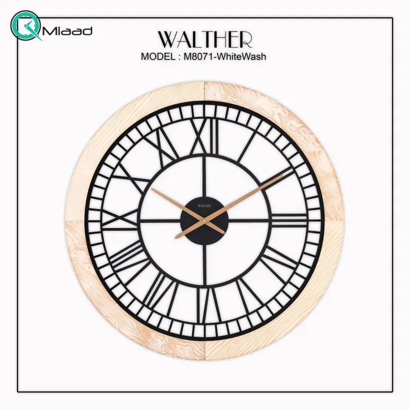 ساعت دیواری والتر Walther کد 8071 | ساعت دیواری سایز 80 با موتور آرامگرد، ترکیب چوب و فلز در متریال ساعت، دارای طراحی مدرن و بدنه چوبی، رنگ وایت واش ساعت دیواری