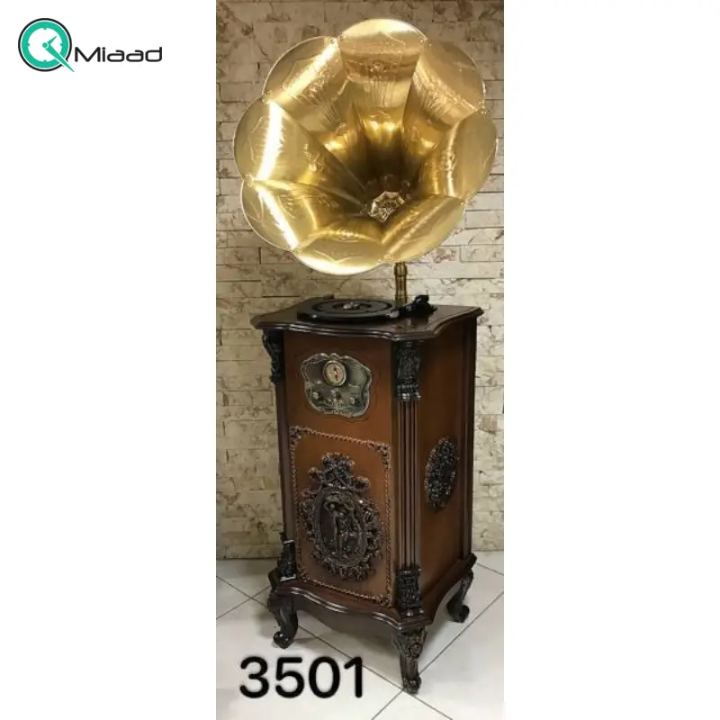 گرامافون ایستاده والتر نیمه فول مدل 3501 | پخش کننده استریو رادیو دو موج، گرامافون سه سرعته، بلوتوث، فلش و کارت حافظه| گرامافون مبله رنگ قهوه ای شیپور بزرگ کلاسیک از جنس پلیمر نشکن گرامافون