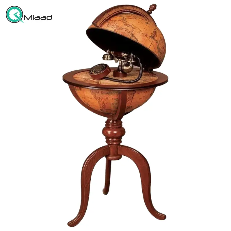 تلفن پایه دار چوبی ميز كره والتر، تلفن آنتیک نوستالژی طرح نقشه کره زمین مناسب دکوراسیون خانه و محیط کار | مدل 910 قهوه ای تلفن سطنتی