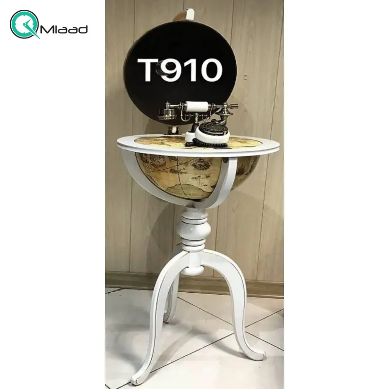 تلفن پایه دار چوبی ميز كره والتر مدل 910، تلفن آنتیک نوستالژی طرح نقشه کره زمین مناسب دکوراسیون خانه و محیط کار، رنگ سفید تلفن سطنتی
