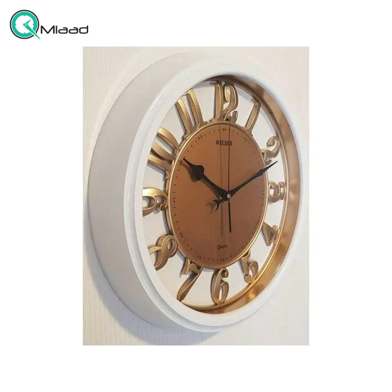ساعت دیواری ولدر مدل 518، ساعت دیواری طرح چوب شماره برجسته سایز 43 سانت، رنگ بندی جور، رنگ سفید ساعت دیواری