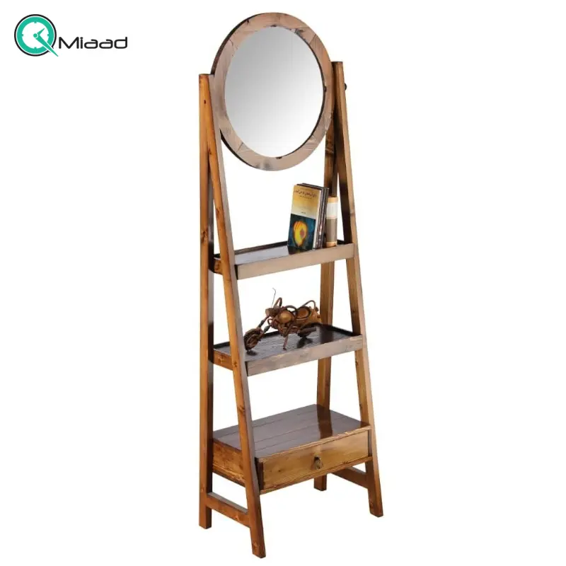 آینه طبقاتی چوبی با کد 2392، آینه بسیار زیبا با قاب چوبی روسی، دارای یک کشو و طبقاتی برای نگه داری وسایل مختلف مثل کتاب، رنگ گردویی آینه