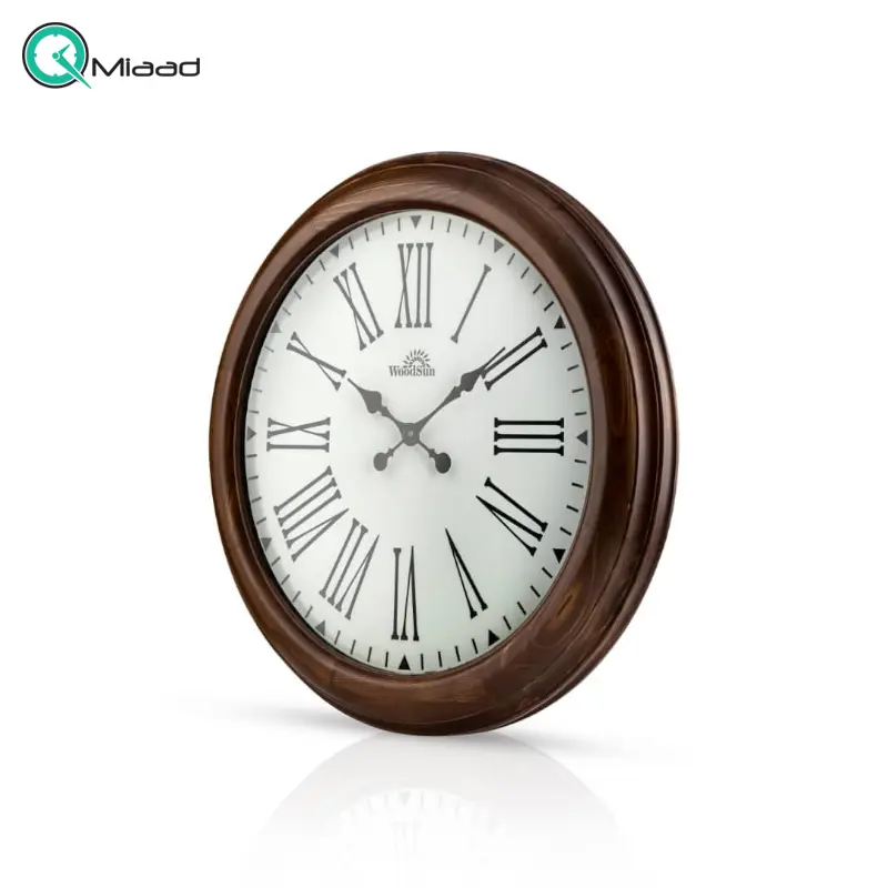 ساعت دیواری وودسان، ساعت دیواری ساخته شده با چوب طبیعی، سبک کلاسیک، مدل فیلادلفیا، اعداد یونانی و صفحه سفید و جزییات طلایی، سایز 80 ساعت دیواری