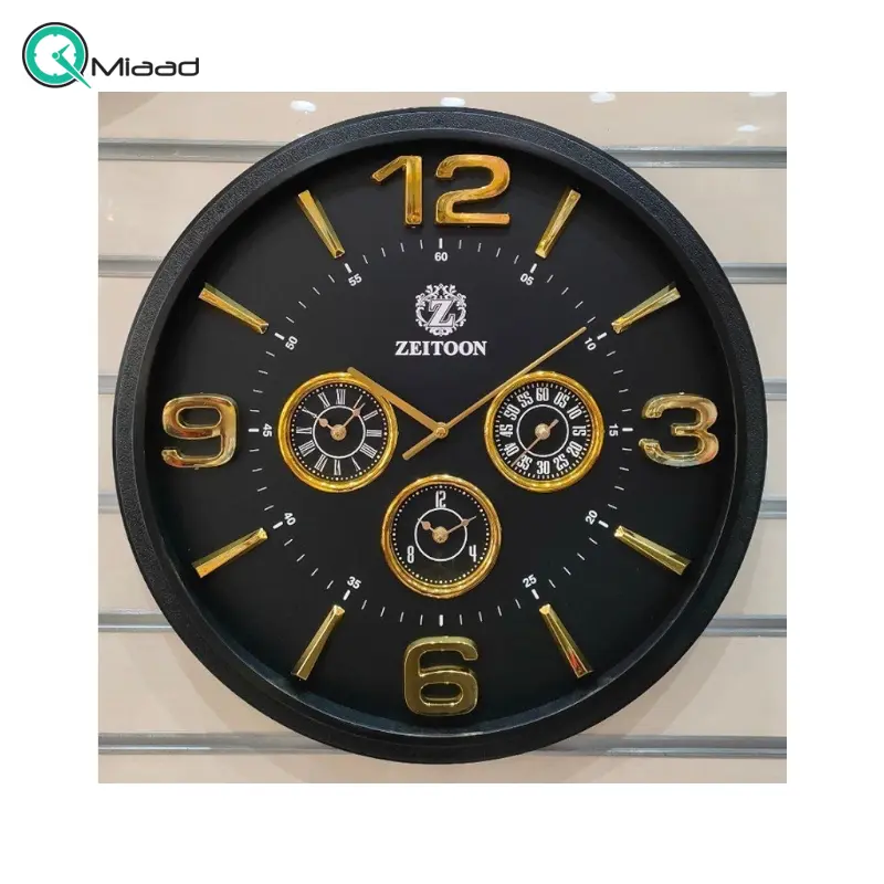 ساعت دیواری زیتون مدل مروارید، ساعت دیواری چهار موتوره سایز 60 سانت با طراحی بی نظیر، دارای اعداد بزرگ و برجسته لاتین، دارای موتور روانگرد درجه یک، رنگ مشکی ساعت دیواری بزرگ