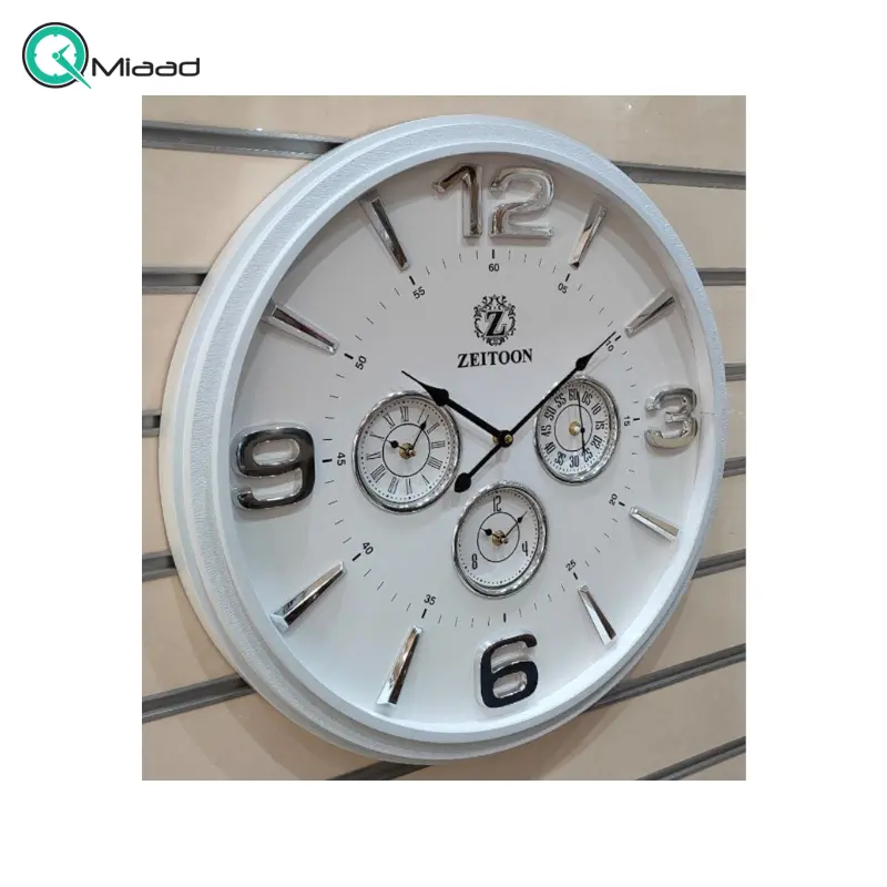 ساعت دیواری زیتون مدل مروارید، ساعت دیواری چهار موتوره سایز 60 سانت با طراحی بی نظیر، دارای اعداد بزرگ و برجسته لاتین، دارای موتور روانگرد درجه یک، رنگ سفید نقره ای ساعت دیواری بزرگ