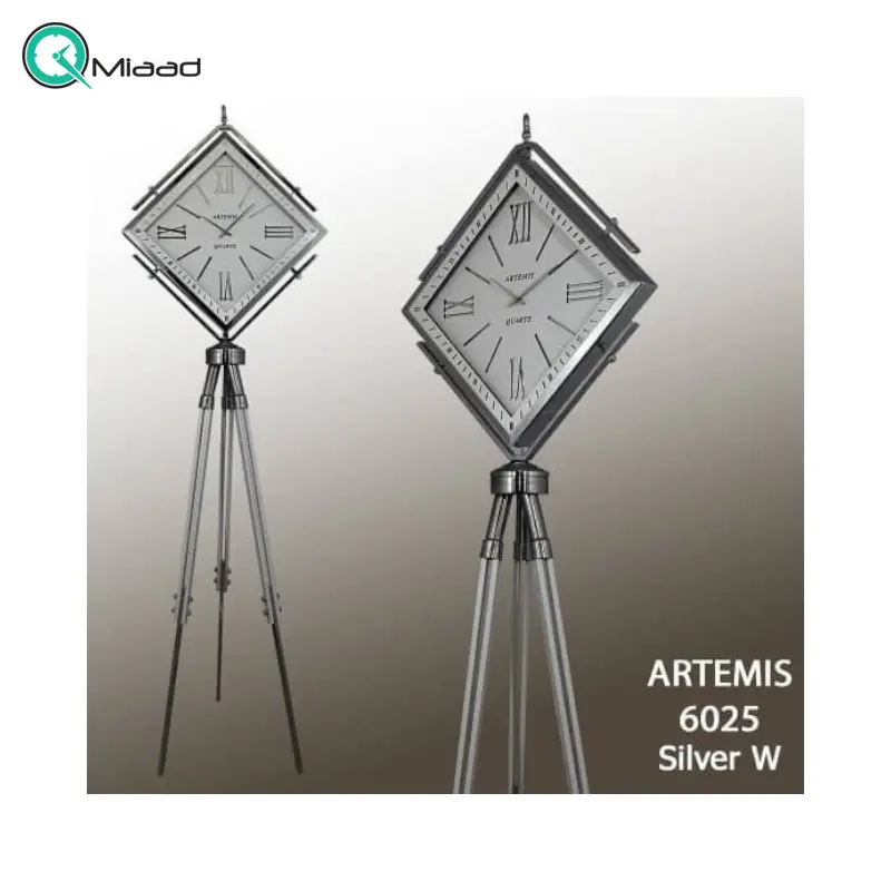 ساعت ایستاده آرتمیس مدل 2065، ساعت سالنی تمام فلزی با آبکاری فورتیک، دارای سه پایه مخصوص، موتور آرامگرد تایوانی و دارای چهار رنگ، رنگ نقره ای صفحه سفید ساعت ایستاده