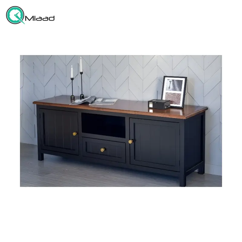 میز تلویزیون چوبی MI20014 مدل M1، ویترین چوبی با طراحی مینیمال و ساده، دارای دو درب و یک کشو و فضاهایی تعبیه شده برای تلویزیون و لوازم جانبی، رنگ مشکی میز