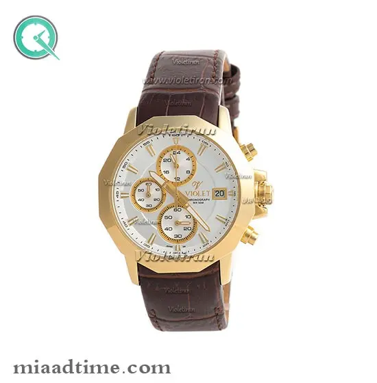 ساعت ویولت Violet زنانه کرنوگراف گرد چرمی طلایی صفحه سفید کد 0388/2L ساعت مچی زنانه ویولت
