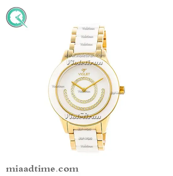 ساعت مچی ویولت زنانه گرد سرامیکی با بند استیل سرامیک قاب طلایی سفید صفحه سفید مدل 0363/2L ساعت ویولت اصل