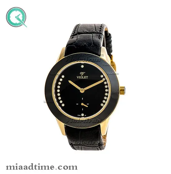 ساعت مچی ویولت Violet زنانه گرد زیر ثانیه سرامیکی با بند چرمی قاب طلایی مشکی صفحه مشکی کد 0364/2L ساعت ویولت اصل