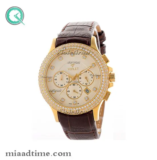 ساعت ویولت Violet زنانه کرنوگراف گرد نگین دار چرمی طلایی صفحه روشن کد 0381/2L ساعت مچی زنانه ویولت