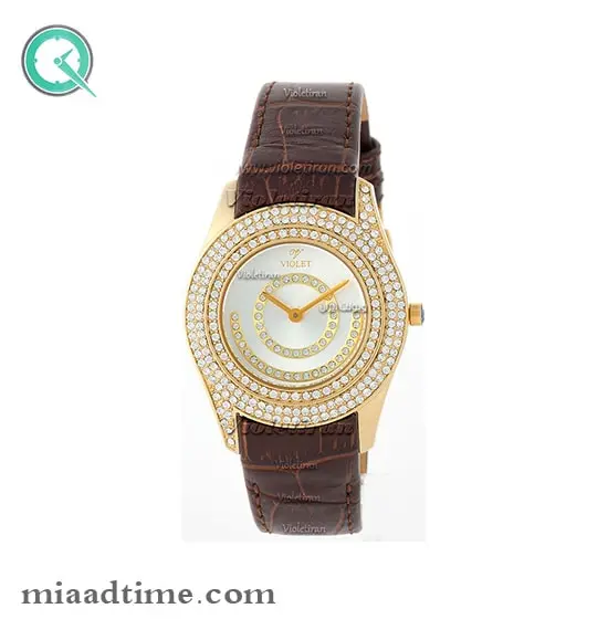 ساعت ویولت Violet زنانه گرد نگین دار چرمی طلایی صفحه سفید کد 0380/2L ساعت ویولت زنانه