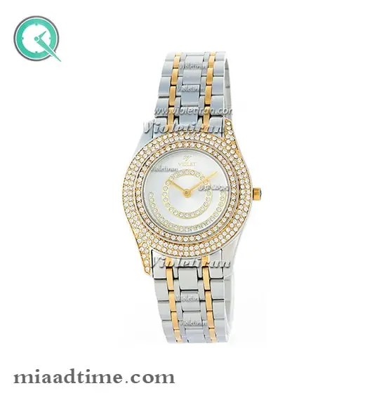 ساعت ویولت Violet زنانه گرد نگین دار فلزی دو رنگ صفحه سفید کد 0380/2L ساعت ویولت زنانه