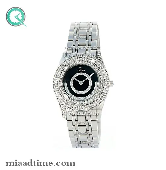 ساعت ویولت Violet زنانه گرد نگین دار فلزی استیل صفحه مشکی کد 0380L ساعت ویولت زنانه