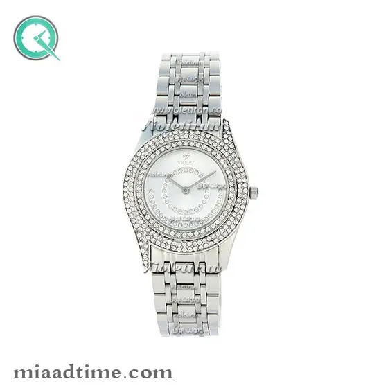 ساعت ویولت Violet زنانه گرد نگین دار فلزی استیل صفحه سفید کد 0380L ساعت ویولت زنانه