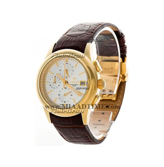 ساعت ویولت Violet زنانه کرنوگراف گرد چرمی طلایی صفحه سفید کد 0402/2L ساعت مچی زنانه ویولت بند چرم